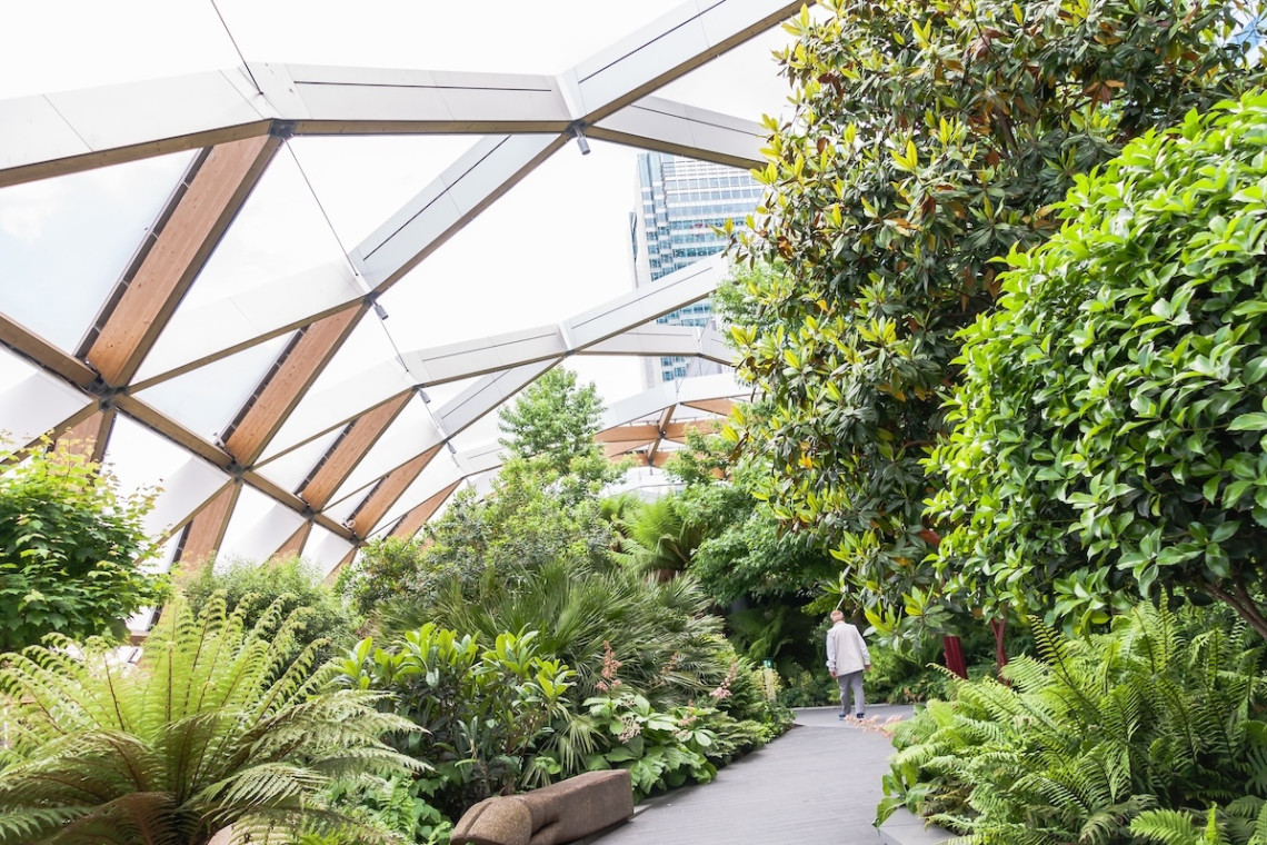Crossrail Place Roof Garden in Canary Wharf financial district, in London